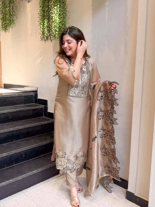 Rose Gold Silk Cutwork Kurta Set