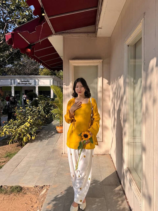 Yellow Short Kurti with Sunflower Tulip Pants
