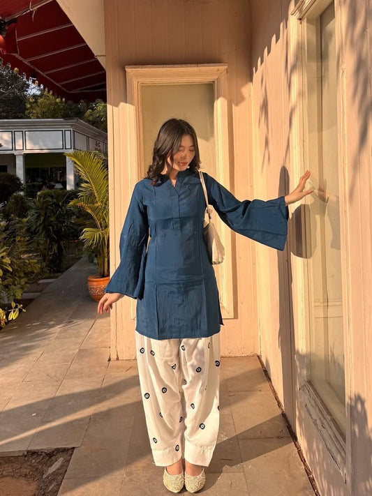Teal Blue Short Kurti with Tulip Pants