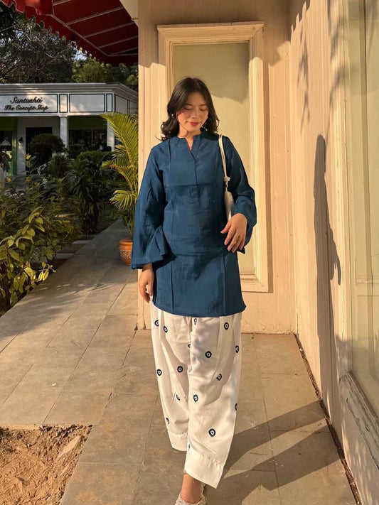 Teal Blue Short Kurti with Tulip Pants