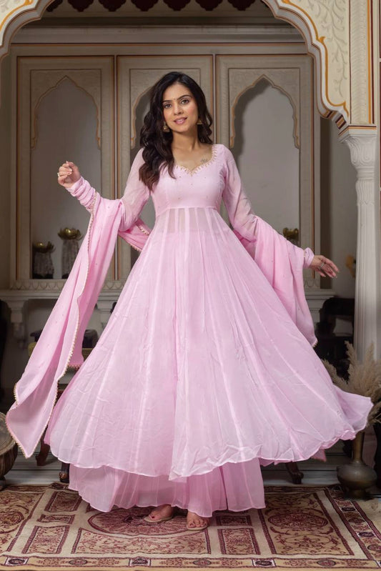 Baby Pink Padded Anarkali with Gold Lace V-Neck - 1