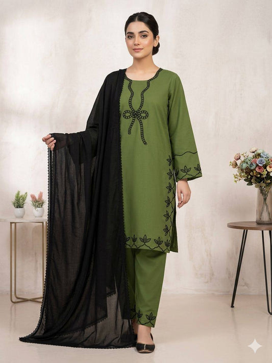 Olive Green Embroidered Kurta Set with Black Dupatta