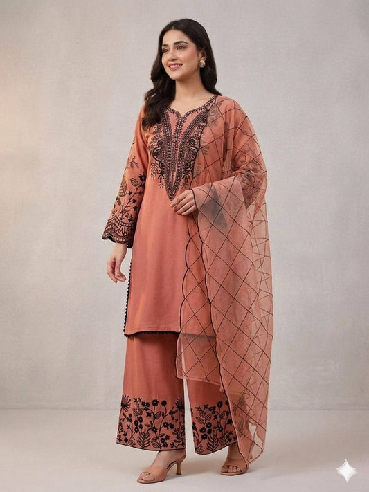 Peach Embroidered Kurta Palazzo Set with Dupatta