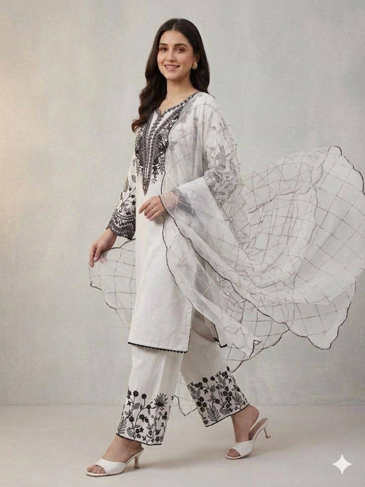 White Embroidered Kurta Palazzo Set with Dupatta
