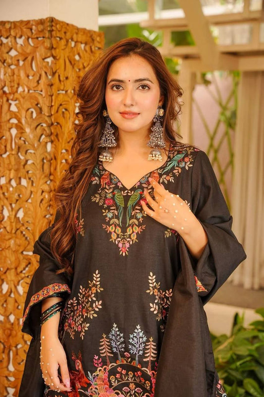 Black Nature-Inspired Embroidered Kurta and Palazzo Set