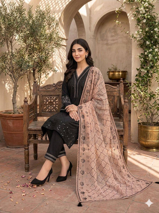 Black Embroidered Pakistani Suit with Peach Dupatta