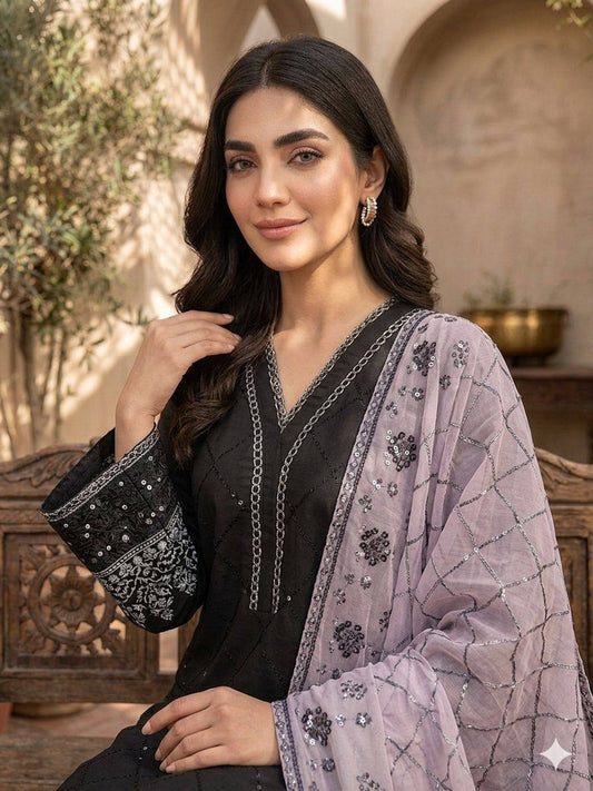 Black Embroidered Pakistani Suit with Lilac Dupatta