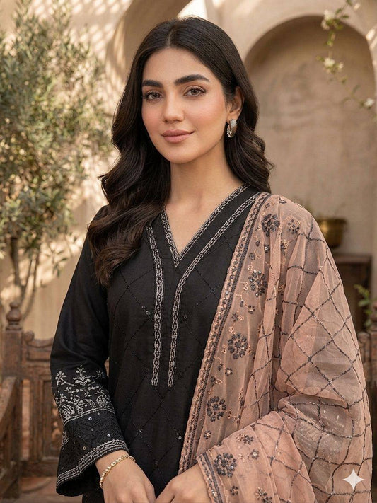 Black Embroidered Pakistani Suit with Peach Dupatta