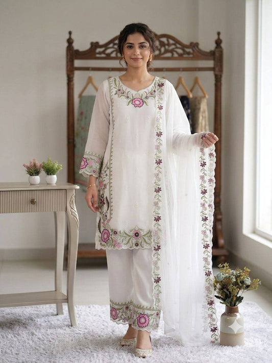White Mauve Floral Embroidered Pakistani Pant Set