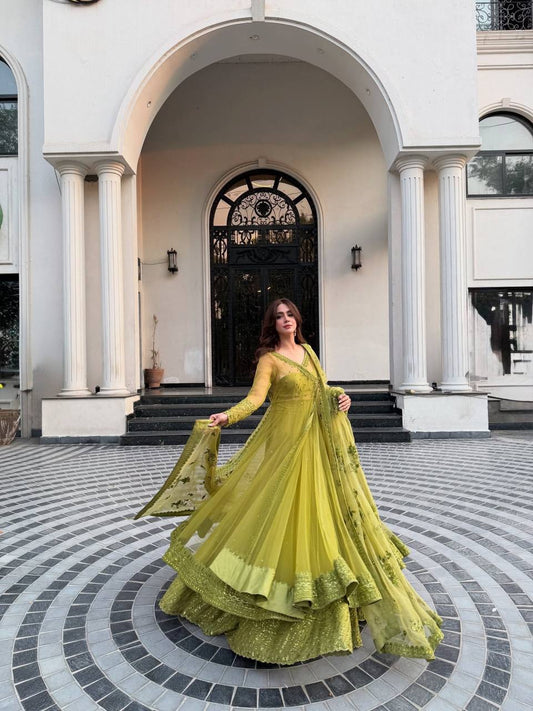 Lime Green Georgette Embroidered Anarkali Gown Set