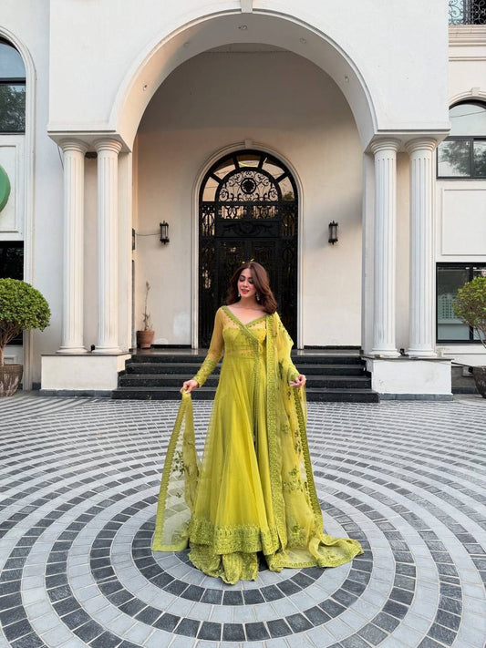 Lime Green Georgette Embroidered Anarkali Gown Set