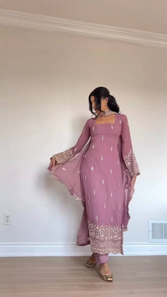 Dusty Mauve Pink Georgette Straight Kurti Pant Set with Sequin Zari Border