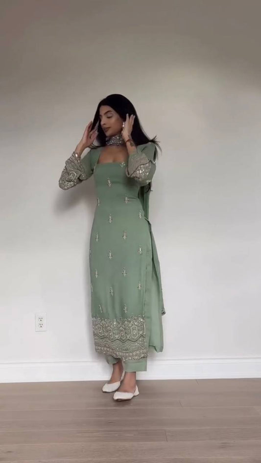 Sage Green Embroidered Roman Glass Georgette Straight Kurta Pant Set with Dupatta