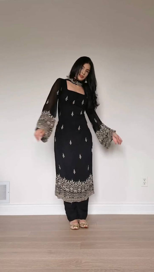 Jet Black Embroidered Roman Glass Georgette Straight Kurta Pant Set with Dupatta
