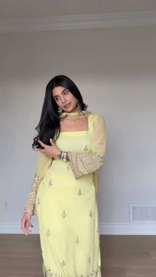 Lemon Yellow Embroidered Roman Glass Georgette Straight Kurta Pant Set with Dupatta
