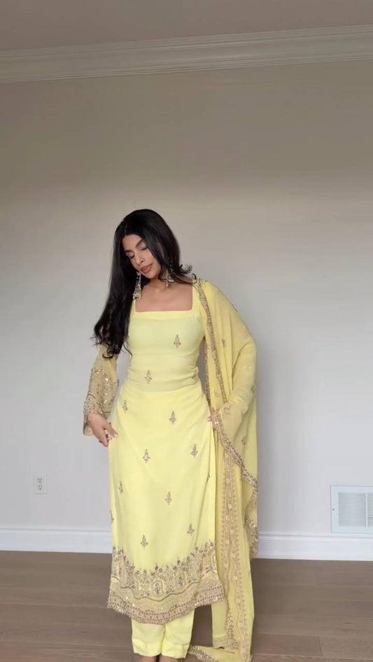 Lemon Yellow Embroidered Roman Glass Georgette Straight Kurta Pant Set with Dupatta