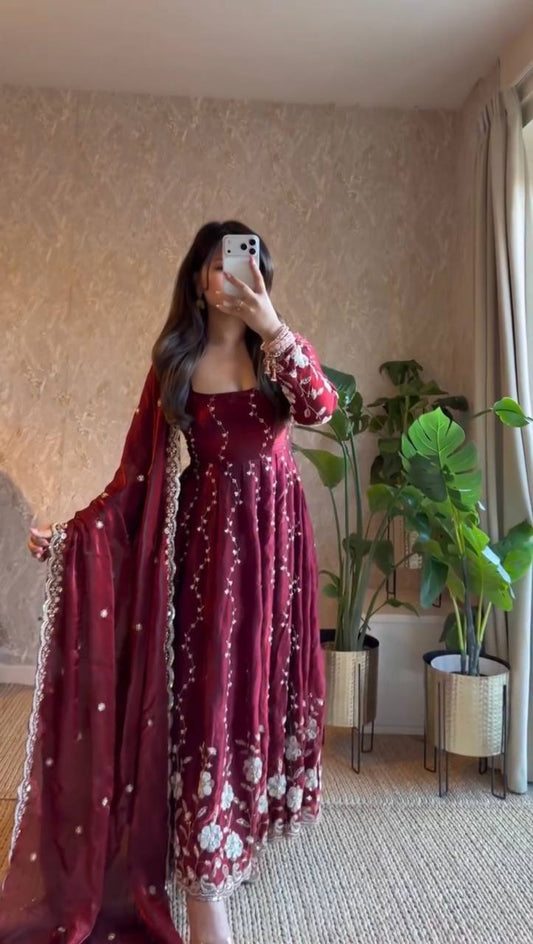 Wine Georgette Anarkali Gown with Heavy Floral Embroidery