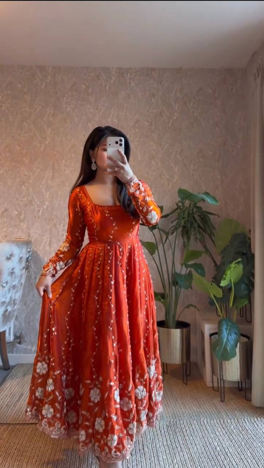 Rust Orange Embroidered Fendy Silk Anarkali Gown with Scalloped Dupatta Set