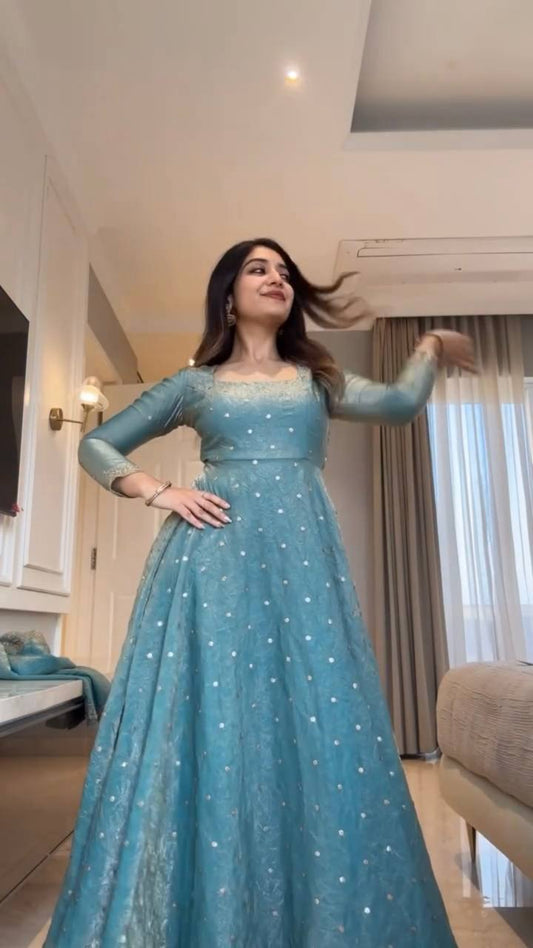 Sky Blue Metallic Tissue Anarkali Gown Set