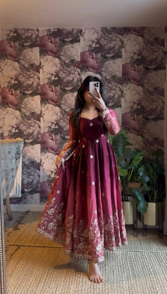Elegant Wine Maroon Silk Anarkali Suit with Embroidered Dupatta Set