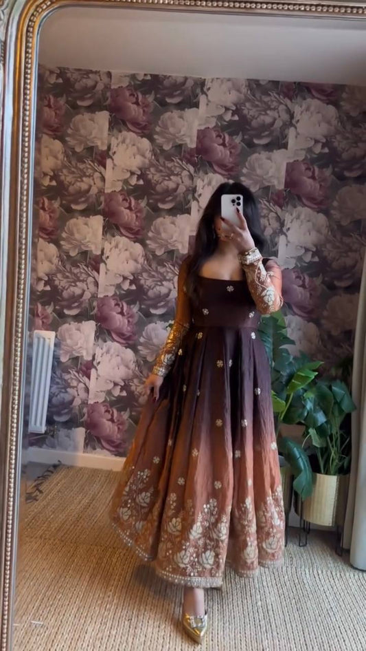 Elegant Coffee Brown Ombré Silk Anarkali Gown with Zari Floral Embroidery Set