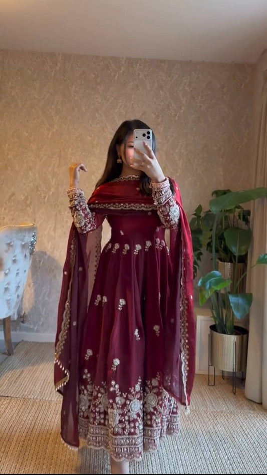 Deep Maroon Silk Anarkali Suit Set with Dense Zari Floral Embroidery