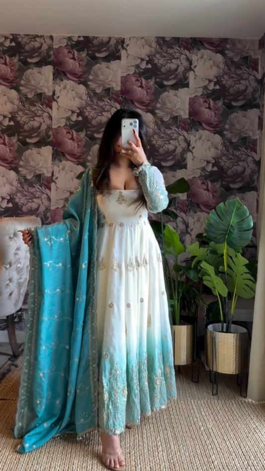 Ombre Turquoise and White Georgette Embroidered Anarkali Set