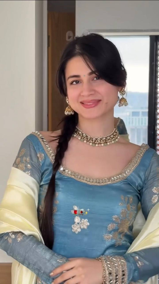 Powder Blue Silk Embroidered Kurti with Pastel Yellow Sharara & Dupatta Set