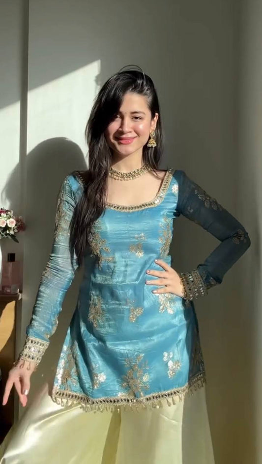 Powder Blue Silk Embroidered Kurti with Pastel Yellow Sharara & Dupatta Set