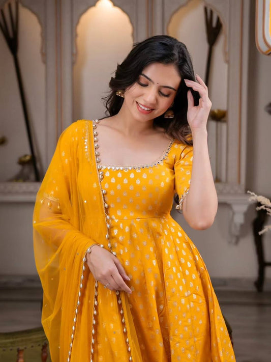Mustard Yellow Brocade Anarkali Set