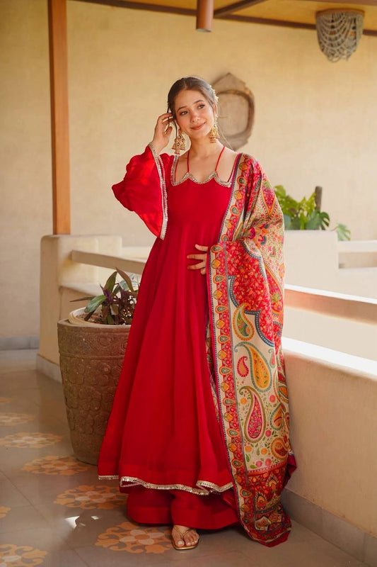 Red Anarkali with Scalloped Mirror Neckline - 1