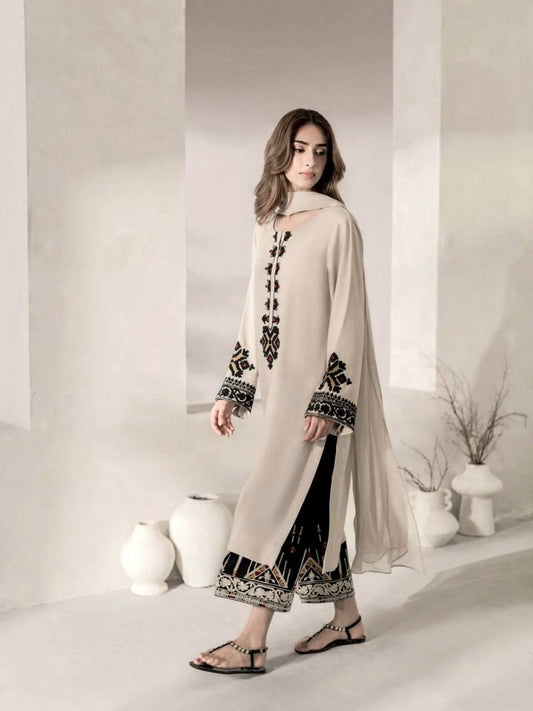 Beige Tribal Embroidered Kurta Palazzo Set - 2