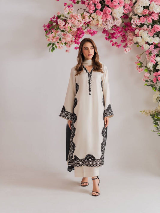 Oversized Embroidered Straight Kurta Suit - White - 2