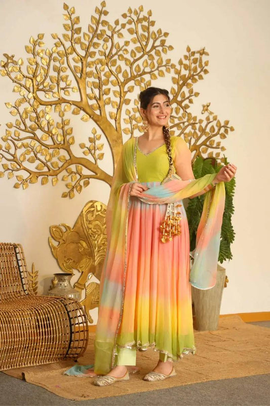 Multicolor Ombre Digital Print Anarkali Suit with Dupatta - 1