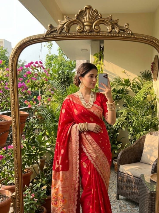 Gulmohar Red Dola Silk Saree