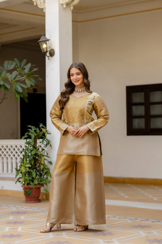 Metallic Gold Chanderi Silk Kurti Palazzo Set with Zari Embroidery