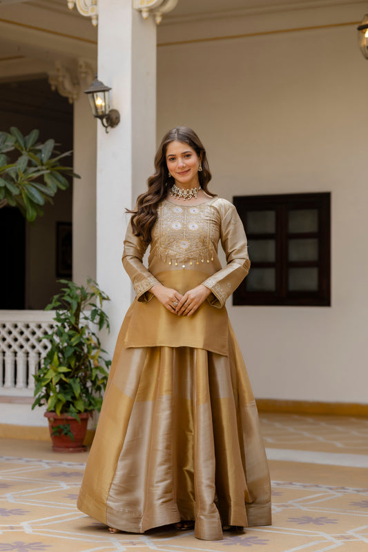 Metallic Gold Chanderi Silk Kurti Lehenga Set with Striped Dupatta