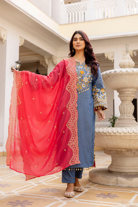 Powder Blue Silk Blend Embroidered Kurta Set with Contrast Dupatta
