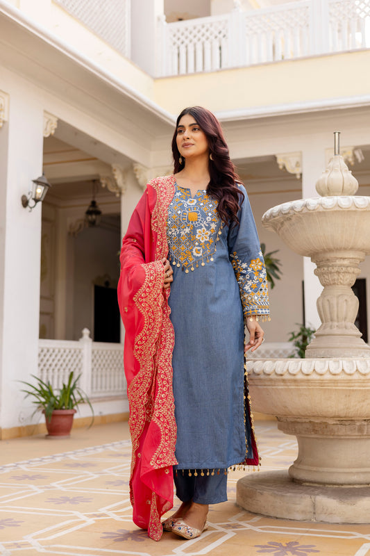 Powder Blue Silk Blend Embroidered Kurta Set with Contrast Dupatta
