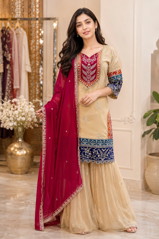 Beige & Magenta Embroidered Sharara Suit Set with Dupatta