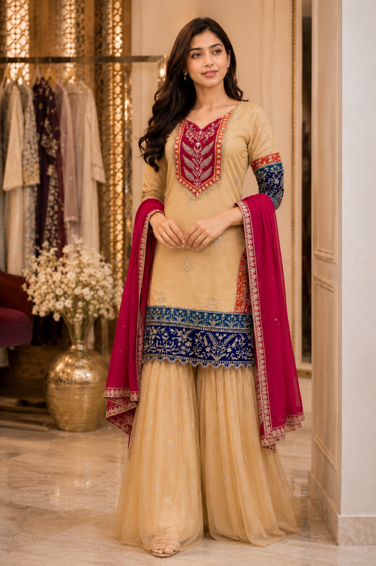 Beige & Magenta Embroidered Sharara Suit Set with Dupatta