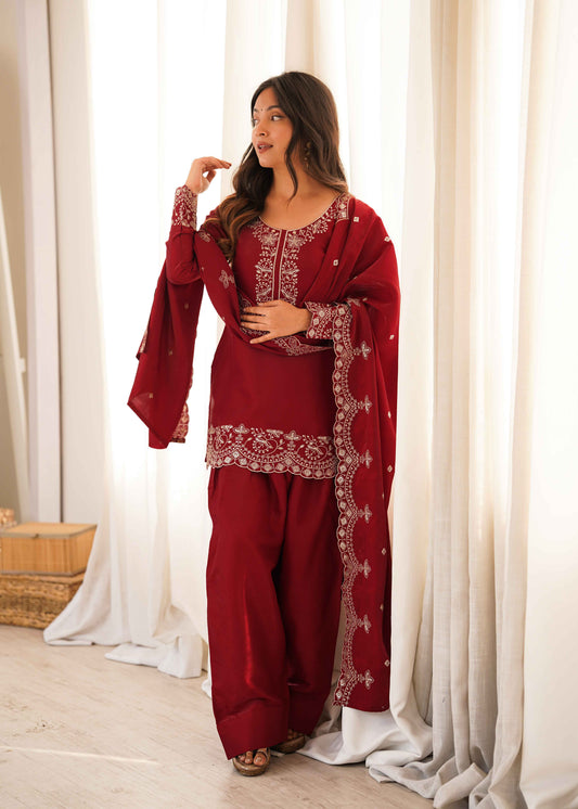 Deep Maroon Embroidered Kurta & Shalwar Set with Scalloped Dupatta
