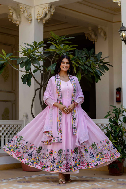 Pastel Pink Georgette Anarkali Gown Set with Traditional Folk Art Border