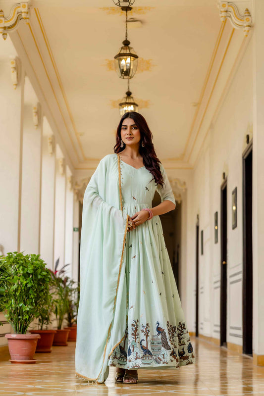 Mint Green Georgette Anarkali Gown Set with Peacock Border