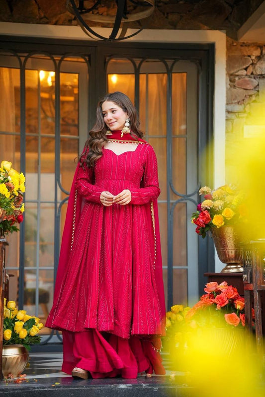 Premium Faux Blooming Anarkali Sharara Suit Set with Heavy Sequins & Zari Work