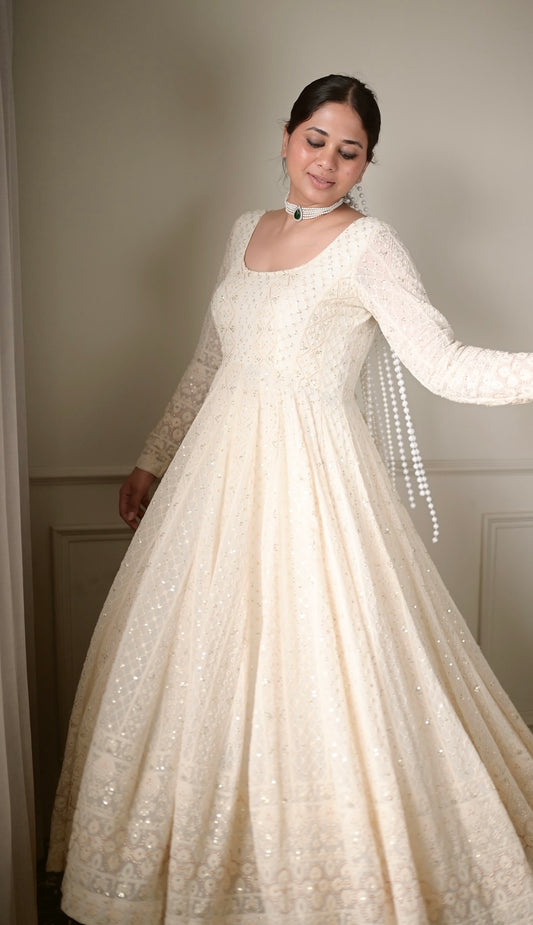Premium Off-White Lucknowi Chikankari Georgette Anarkali Gown Set