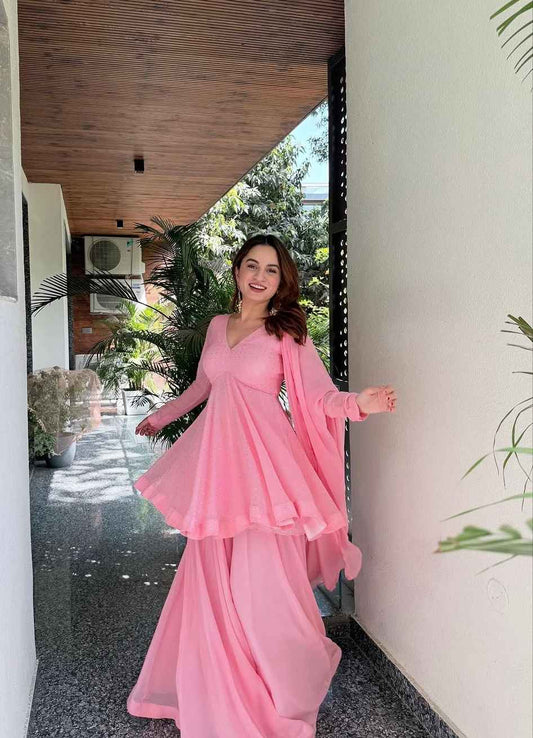 Premium Baby Pink Faux Blooming Sharara Suit Set with Heavy Foil Work