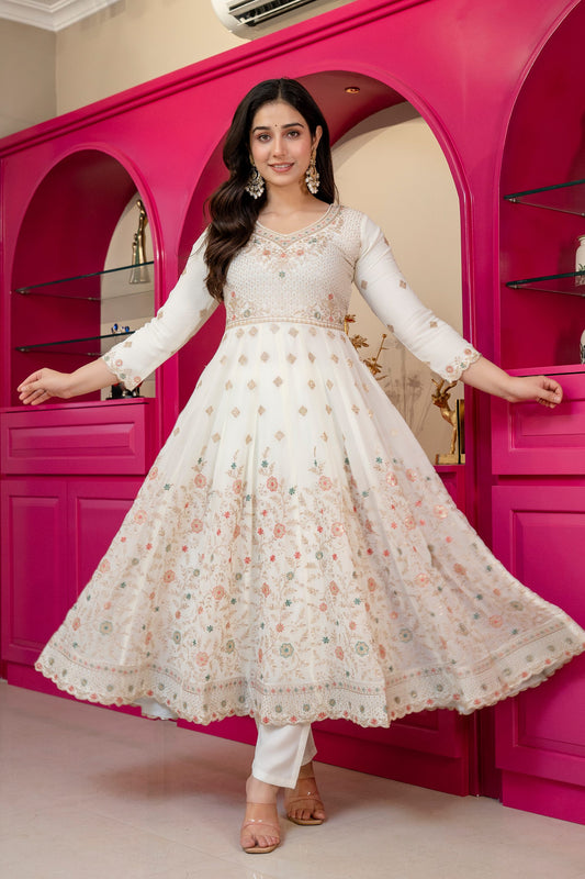Off-White Georgette Embroidered Anarkali Suit Set with Pants
