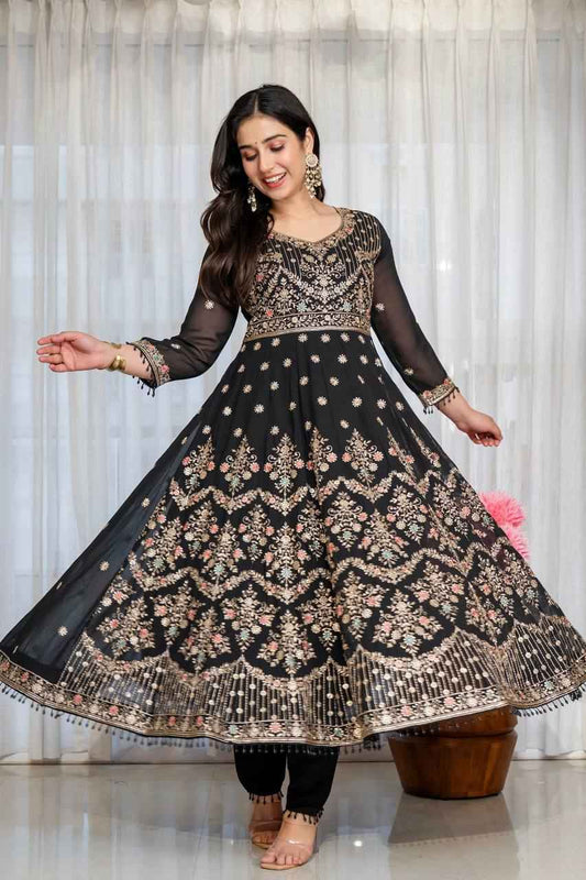 Black Faux Blooming Sequin & Zari Embroidered Anarkali Suit Set