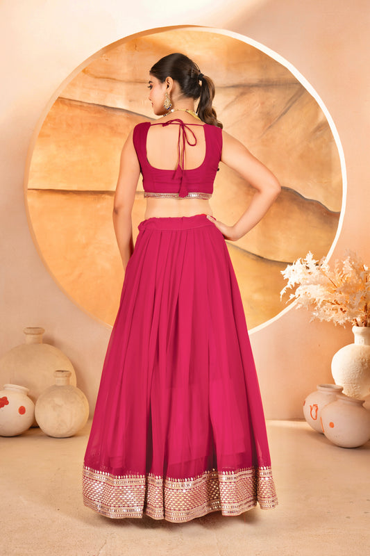 Rani pink lehenga choli back view with tie-up blouse